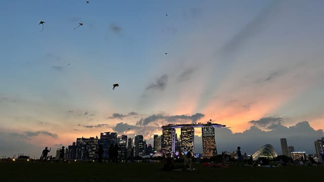 A twilight sky with streaks of orange and pink behind silhouetted buildings, with kites flying above