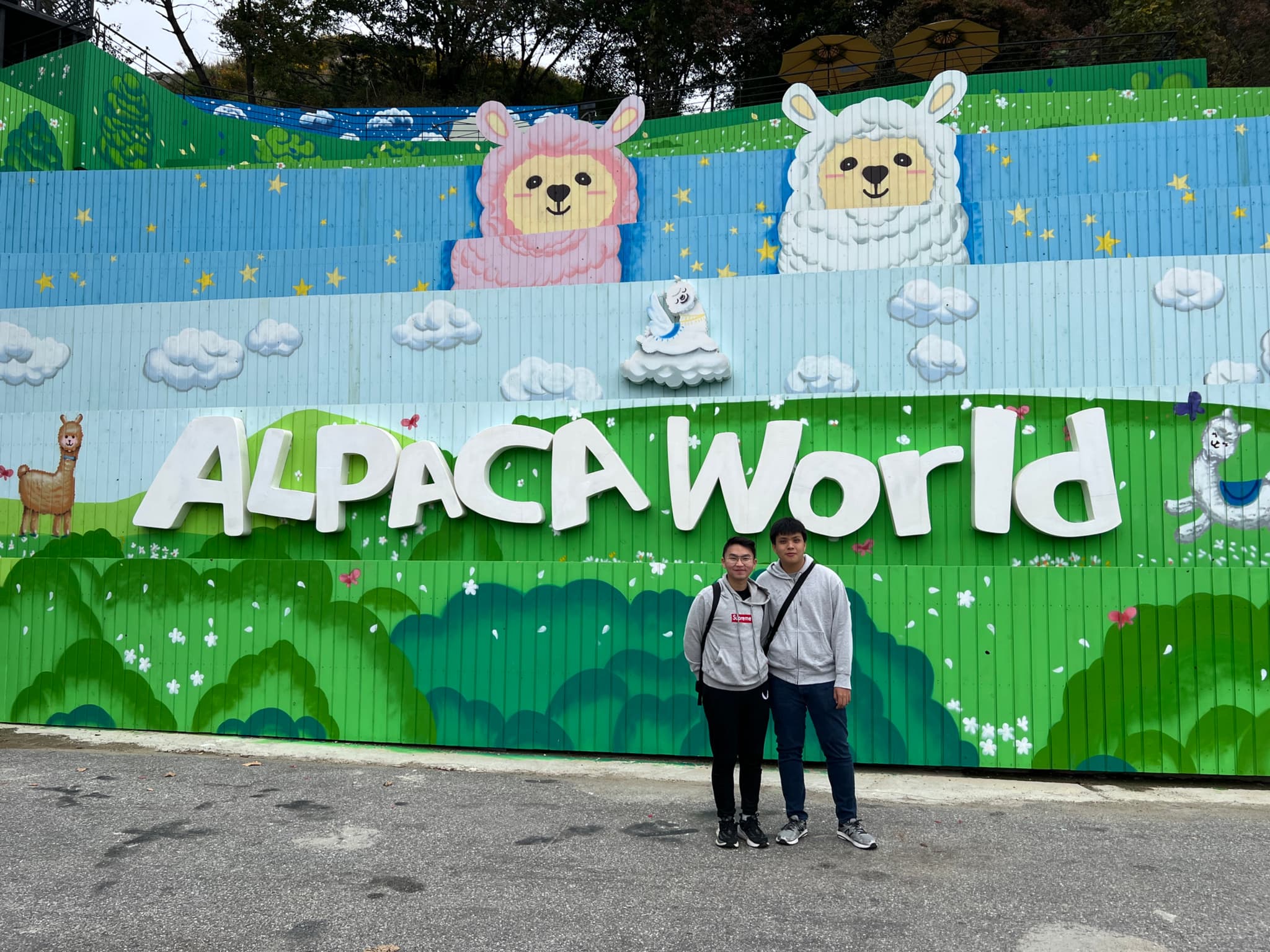 Two people standing on a concrete surface in front of a colorful mural with the words ALPACA World on it. The mural features cartoon alpacas, fluffy clouds and green hills